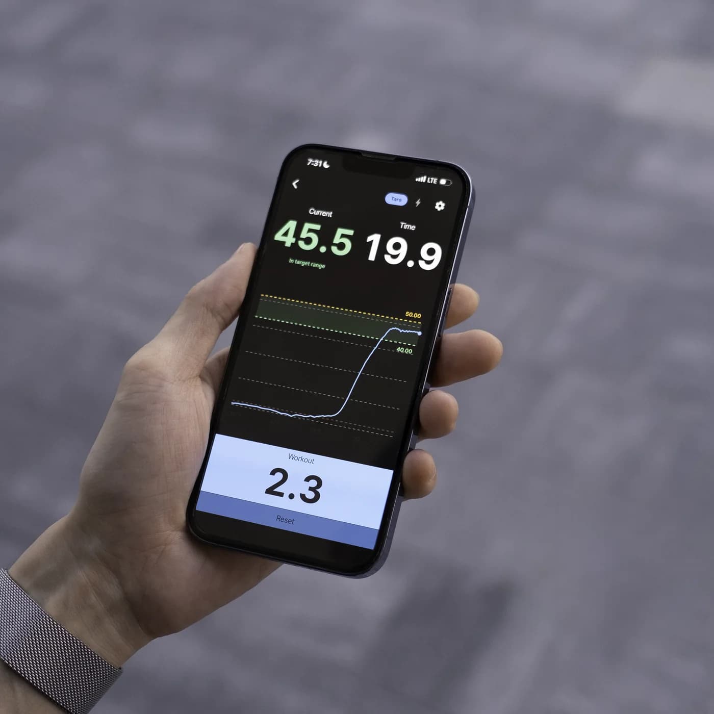 Frez app showing live force in the target range